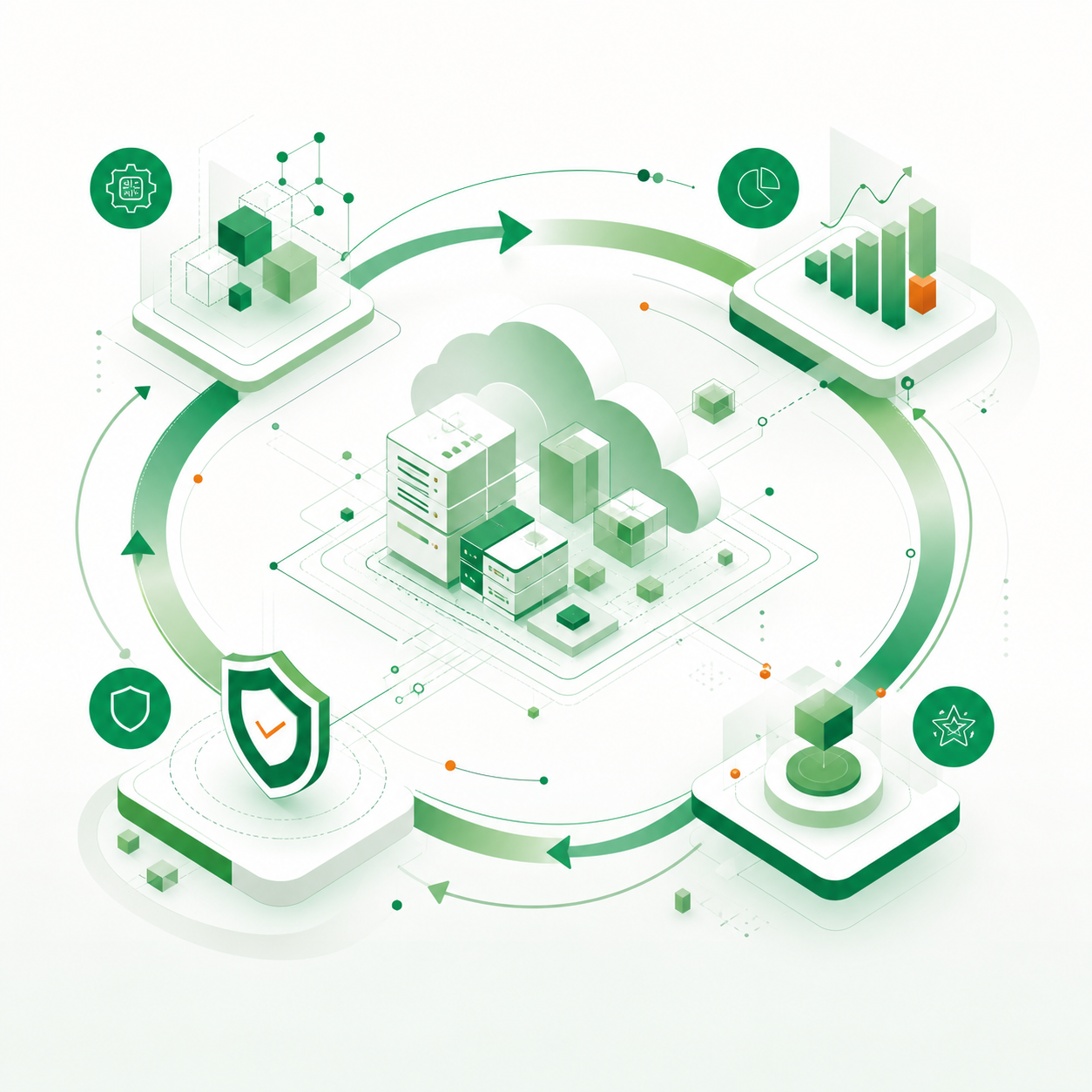 Abstract continuous operating loop connecting AI technology, economics, risk and business value