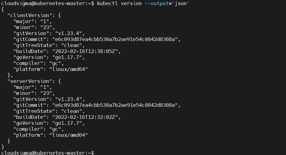 kubectl version json